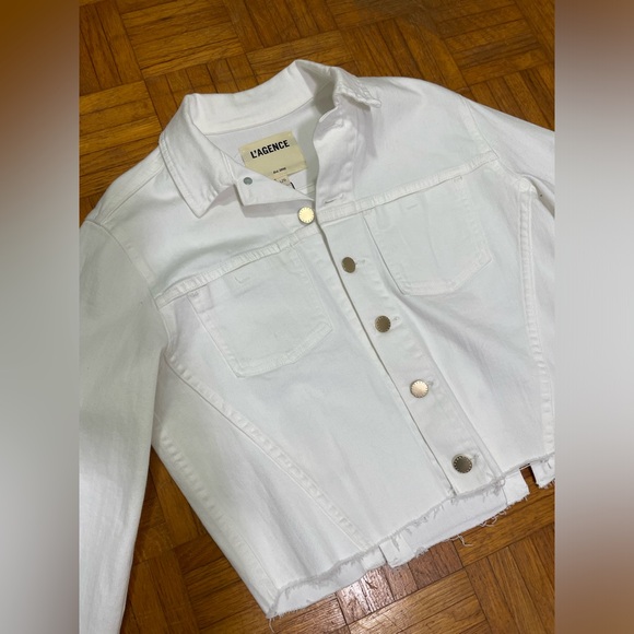 NWT L'agence Aria Cropped Safety Pin Denim Jacket White/Gold Size Large - Picture 4 of 10